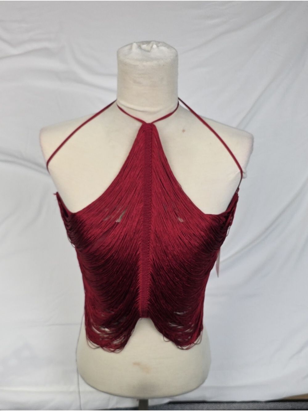 Fringe Halter Crop Top - Wine Red Medium